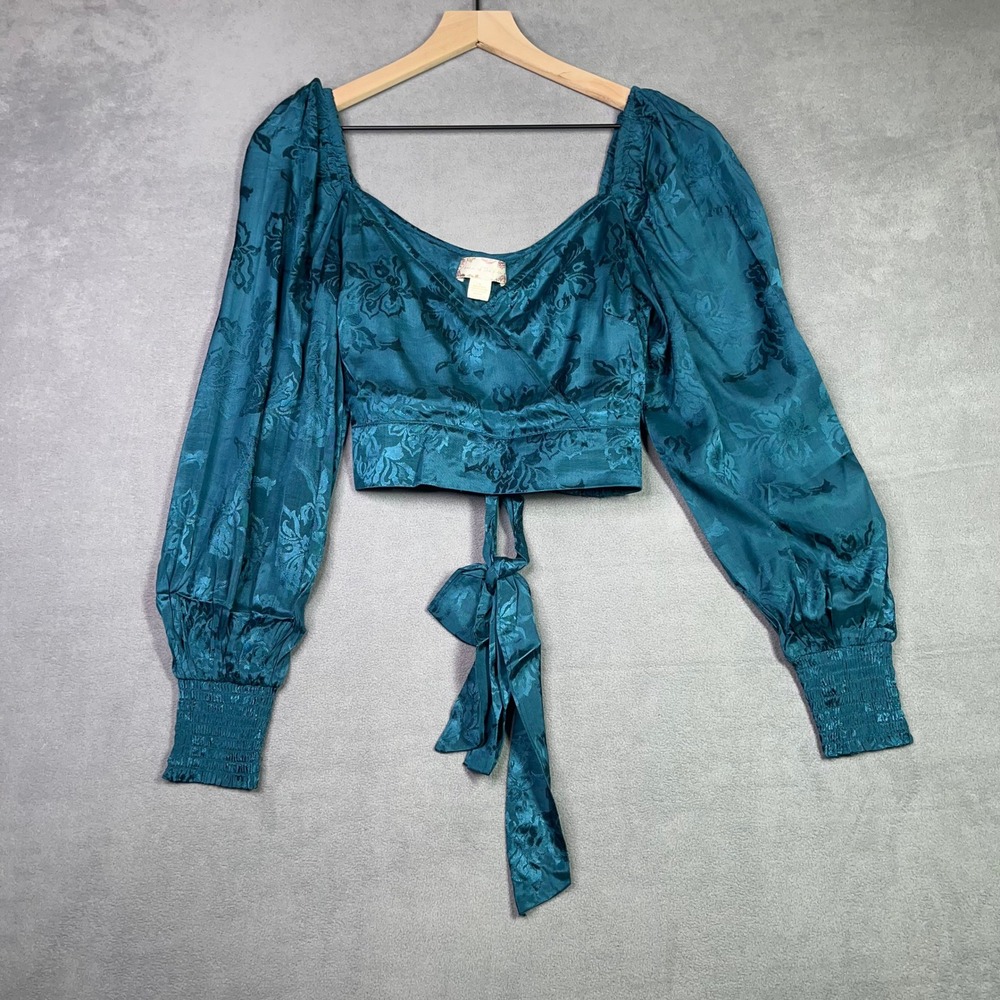 Band of the Free Crop Top Womens Small Teal Blue NWT Floral Jacquard Tie Back